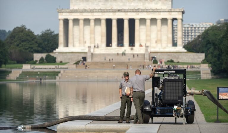 Crews are draining the Lincoln Memorial Reflecting Pool again as part of Trump’s troubled revamp